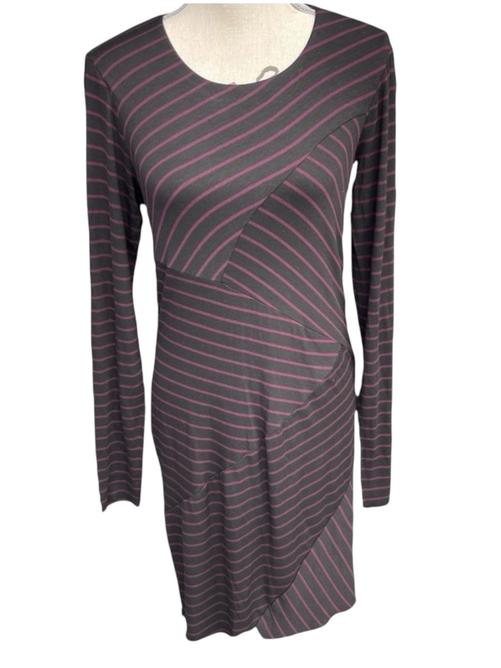 Bailey 44 Black/Purple Asymmetric Stripe Long Sleeve Raw Hem Jersey Dress (L)